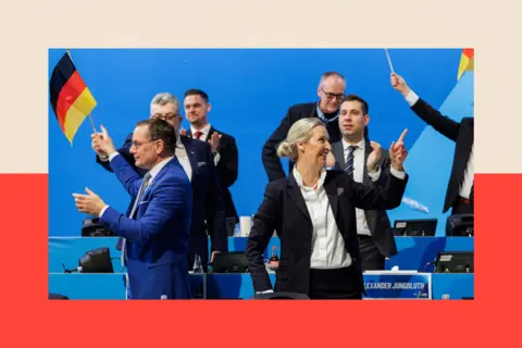 AFP via Getty Images Alice Weidel (R) and Tino Chrupalla (L), co-leaders of Germany's far-right Alternative for Germany (AfD) party, stand on the stage during an AfD congress 