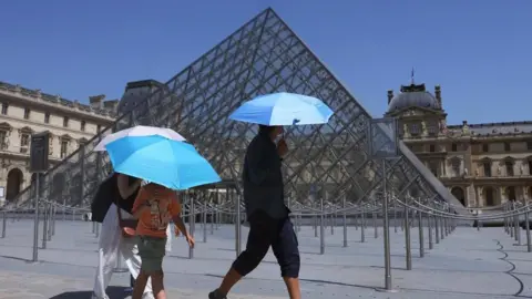 Reuters Three tourists with umbrellas walking in front of the Pyramid of the Louvre museum