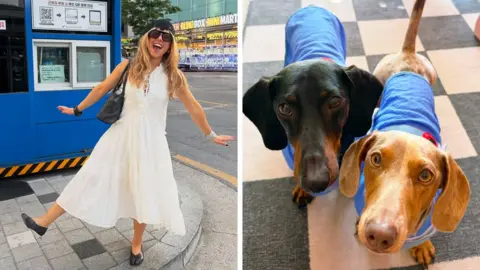 Annie Smith/Jess Jepson Split pic. On the left is a young fashion influencer in a white summery dress posing for the camera. On the right is a close-up of two Dachshunds wearing blue cooling jackets. 