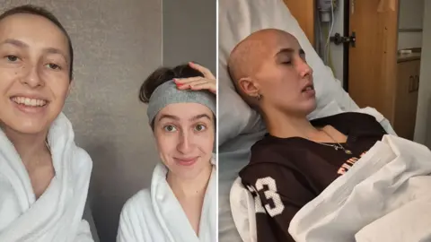 Collect/PA Real Life A side-by-side collage: On the left, Caitlin and Grace Leggett wear white bath robes and smile for a selfie. Caitlin has short, buzzed hair while Grace has long hair covered by a grey hair band. On the right, a Caitlin sleeps in a hospital bed, she has no hair left. 