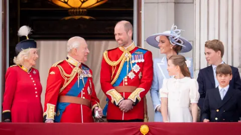PA Media Queen Camilla, King Charles III, Prince William, Prince of Wales, Princess Charlotte of Wales, Catherine, Princess of Wales, Prince George of Wales and Prince Louis of Wales pictured on the balcony of Buckingham Palace.