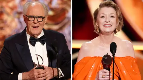 Getty Images John Lithgow (left) and Lesley Manville, pictured separately on stage at the Tony Awards. In a composite image, Lithgow wears a dark suit, while Manville wears an orange dress. Both are holding their respective trophies