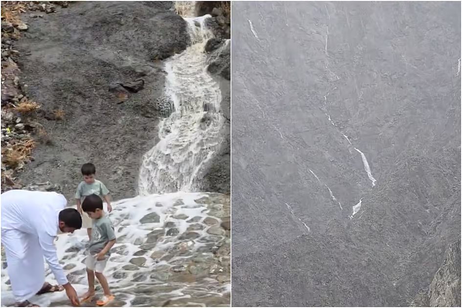 Rains trigger waterfalls in Khor Fakkan mountains as kids play in flowing waters Rains trigger waterfalls in Khor Fakkan mountains as kids play in flowing waters