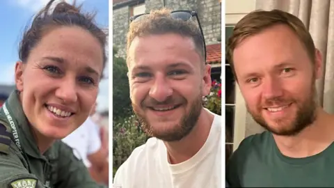 Ministry of Defence  Lt Lily-Mae Fisher, 31, Petty Officer Owen Green, 24, and Lt Cdr Chris Gayson, 42, died in the crash on Wednesday  pictured in a split screen with 3 images of smiling faces of the victims