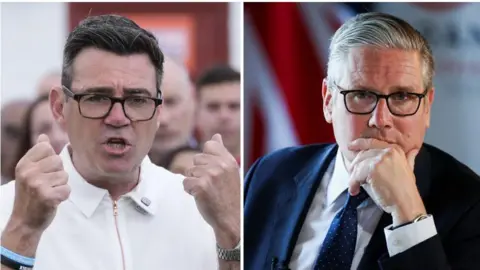 PA Media A picture of Andy Burnham making a speech and wearing a white top and a picture of Keir Starmer in a navy suit 