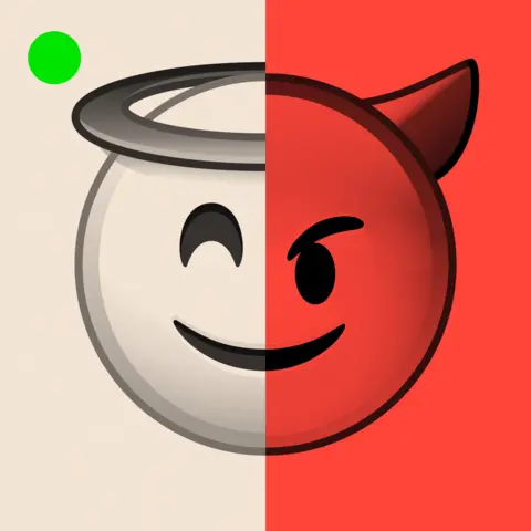 BBC A montage image shows an angel and a devil emoji. The angel side has a beige background and the devil side a red background. A green dot appears in the top left-hand corner.
