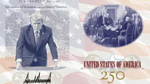 US State Department an image of two pages inside a US passport - one showing President Donald Trump with his fists on the Resolute Desk above his signature and another showing a picture of the founding father above "United States of America 250"