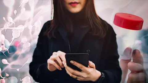 BBC A woman with long dark hair, wearing a black coat and scrolling on a phone. Behind her are images of sperm and a hand holding an empty sample pot with a red lid.