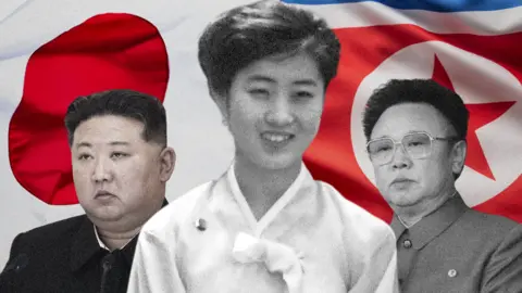 BBC A young Ko Yong Hui at the centre, Kim Jong Un on the left, and Kim Jong Il on the right. A Japanese flag (L) and a North Korean flag behind the trio