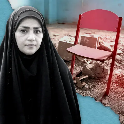 BBC Collage image showing teacher Amaineh Nademi, wearing a black chador, looking directly at the camera with a serious expression. To her left is a close up shot of a pink chair next to rubble in a classroom which has blue walls.