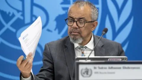 EPA Tedros Adhanom Ghebreyesus speaking to media during a press conference at the WHO headquarters in Geneva. 