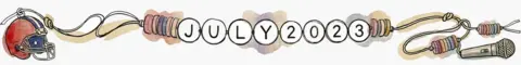 Watercolour-style illustration of a colourful wrapped beads threaded on a cord spelling "JULY 2023"