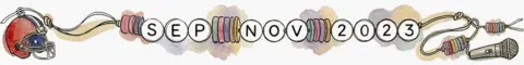 Watercolour-style illustration of a colourful wrapped beads threaded on a cord spelling "SEP-NOV 2023"