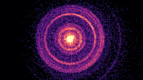 NASA/Swift/A. Beardmore (University of Leicester) A grainy image of concentric purple and yellow circles made up of small points. The centre is bright yellow and the outer corners of the image are black