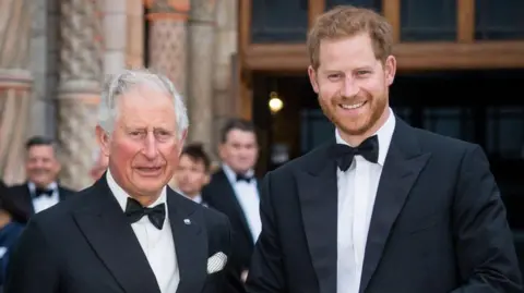 Samir Hussein/Samir Hussein/WireImage King Charles, then Prince of Wales, stands alongside Prince Harry, Duke of Sussex, at the "Our Planet" global premiere outside the Natural History Museum entrance. They are both dressed in black tie.  