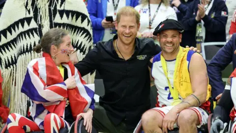Eric Charbonneau/Invictus Games Foundation via Getty Images Prince Harry, Duke of Sussex seen at the Bronze & Gold Wheelchair Rugby Finals during Day 7 of the Invictus Games 2025 at the Vancouver Convention Centre on February 13, 2025 in Vancouver