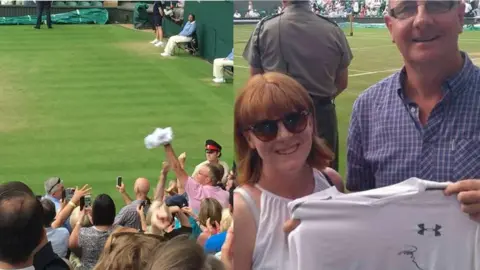 Supplied In one picture Kev is seen catching the shirt as Andy Murray walks off Centre Court. In the second Kev is pictured in the seats holding the shirt 