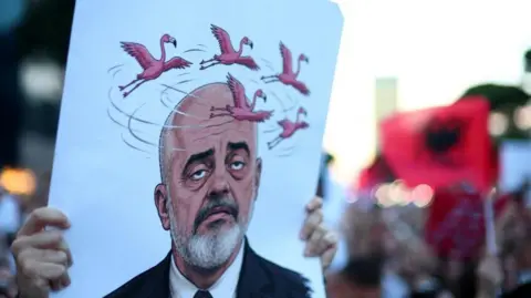 Reuters A protester holds a sign depicting Albanian Prime Minister Edi Rama with flamingos flying round his head, during a protest in Albania