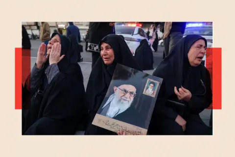 Anadolu via Getty Images Women in black chadors weeping and holding a portrait of Ali Khamenei 