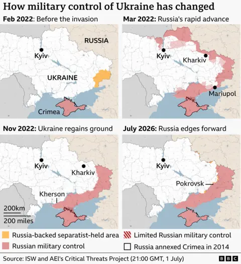 Four maps showing how control of parts of Ukraine has changed. Before the Feb 2022 invasion it shows Crimea under Russian military control and parts of Donetsk and Luhansk held by Russian-backed separatists. In Mar 2022, the map shows Russia’s rapid advance with areas along the north-eastern border, and north of Kyiv, under its military control. By Nov 2022, Ukraine has regained ground, pushing Russia back from the north and north-east. By July 2026 Russia has edged forward along parts of the front line in south-east Ukraine.