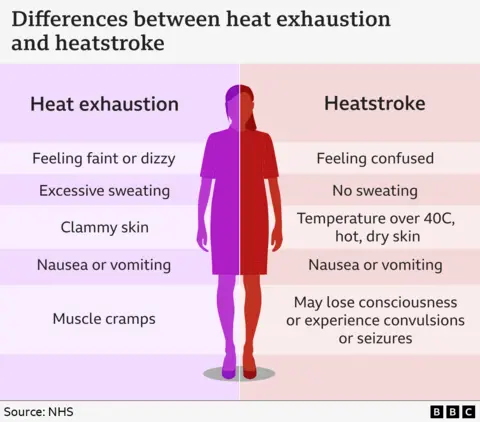 Graphic showing differences between heat exhaustion and heat stroke. Heat exhaustion: Feeling faint or dizzy, excessive sweating, clammy skin, nausea or vomiting and muscle cramps. Heatstroke: feeling confused, no sweating, temperature over 40c, hot, dry skin, nausea or vomiting, may lose consciousness or experience convulsions or seizures.