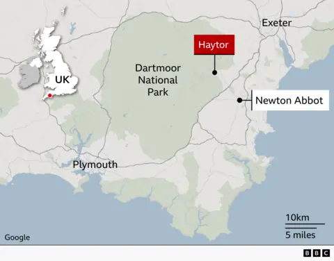 Map of south Devon, England, showing the location of Haytor within Dartmoor National Park. Haytor is marked with a red label in the north-eastern part of the national park. Newton Abbot is labelled to the east, Plymouth is labelled to the south-west, and Exeter is labelled to the north-east. An inset map of the UK on the left highlights the location in south-west England with a red dot.