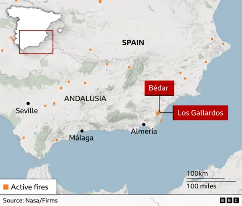 A BBC map depicting the small town of Bedar's location in the Almeria region of southern Spain. It also shows more than 20 orange dots where there are active fires across Spain. 