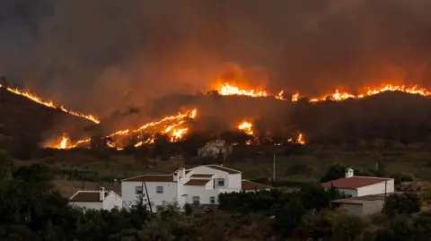 Getty Images Flames and smoke rise from a wildfire as it creeps towards residential buildings near the municipality of El Pocico.