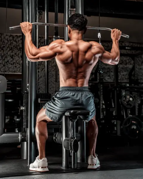 Contributor Jamal is pictured from behind sitting at a lateral pull-down machine. He is wearing shorts with no shirt and he is extremely muscular.