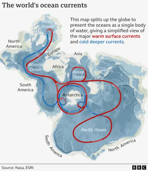 The map shows the world's major ocean currents, with warm surface currents in red and colder, deeper currents in blue. The Atlantic Meridional Overturning Circulation (AMOC) forms part of this global system.