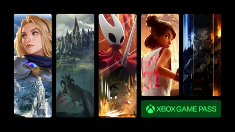 Xbox An infographic divided into five vertical panels, each displaying artwork from five different games available on Microsoft's Game Pass service, Hogwarts Legacy, Hollow Knight: Silksong,  Call of Duty: Black Ops 7.