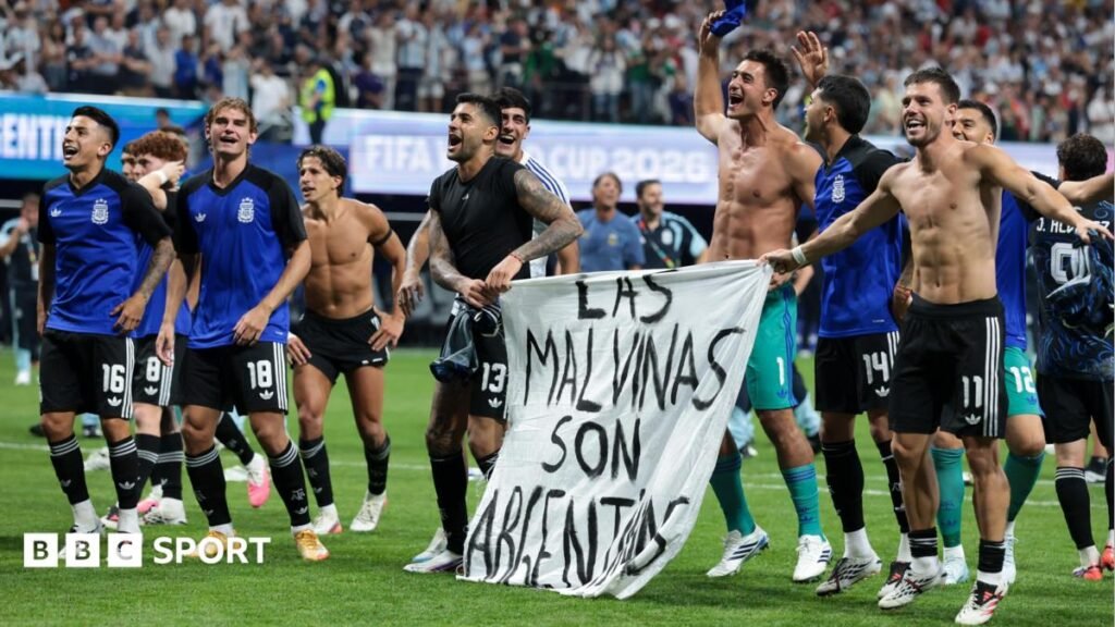 Argentina face fine for Falklands banner in semi-final winArgentina face the prospect of a Fifa fine after their players celebrate the World Cup semi-final win against England with a banner in support of their country's claims to the Falkland Islands.30 mins agoEngland Men