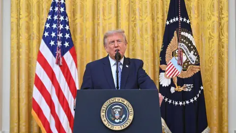Getty Images President Trump behind a podium with the presidential seal on the front speaking at the White House.