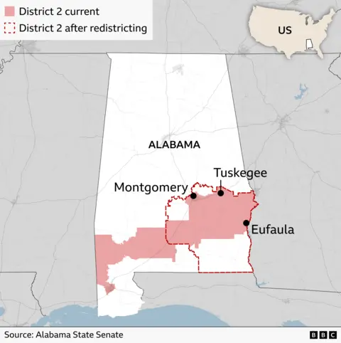 A map shows how district two is changing. The current map's district is shaded pink, and the new shape of the district is outlined in red. The cities of Tuskegee, Montgomery and Eufaula are noted on the map.
Source: Alabama state senate