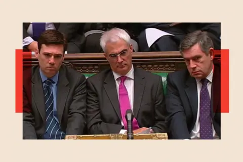 PA Former chief Secretary to the Treasury Andy Burnham (left), former Chancellor of the Exchequer Alistair Darling and the former  Prime Minster Gordon Brown sit together in the House of Commons 