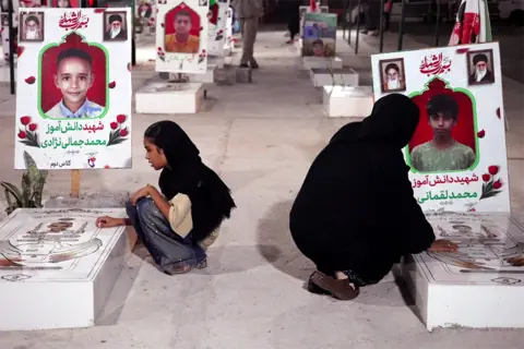 JACK GARLAND / BBC A woman and a girl in black veils crouch next to the graves of children killed in the MInab school strike. Images of the children's faces, mounted on red backgrounds, are displayed behind the graves.