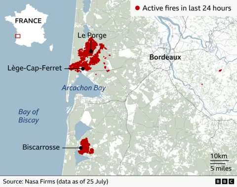 A map graphic showing the active fires in France
