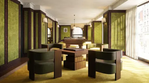 Visualisation One Image of large billiards room with green and brown walls, modern furniture and large windows
