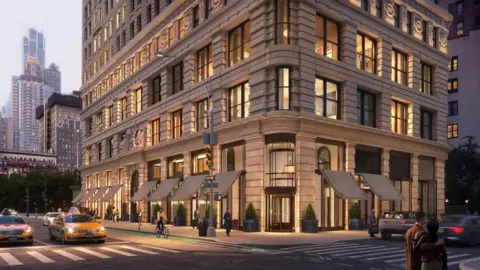 Visualisation One view of the front of Flatiron Building, outside lobby entrance, with vintage-style awnings over the windows