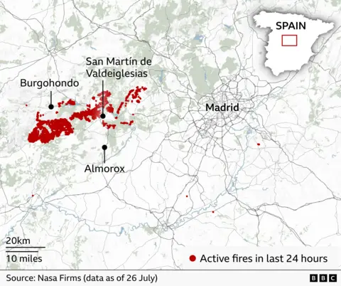 Map of central Spain showing active wildfires recorded in the last 24 hours. Large clusters of red dots mark fire activity west of Madrid, concentrated around Burgohondo and San Martín de Valdeiglesias. The fires form two main zones. A few isolated fire detections are scattered south and east of Madrid. Madrid is labelled near the centre-right of the map. An inset map of Spain in the top right highlights the location of the affected area. Source: NASA FIRMS data as of 26 July.