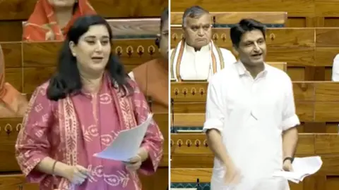 Sansad TV Bansuri Swaraj (left) and Deepender Hooda (right) making statements in the parliament