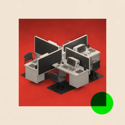 BBC A retro modular style office set-up showing four desks and computers partitioned. The image has a red square background, a beige frame and a green dot