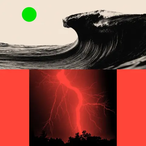 BBC Two treated images of a large wave and a large fork lightning strike at night. 