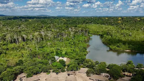 Evaristo Sa / AFP via Getty Images An aerial view of lush green trees and a windy river winding through it, in the indigenous village of Pykany on the banks of Brazil's Xixe River in the Menkragnoti Indigenous Territory, south-western Pará State, in May.