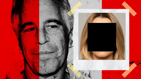 BBC A designed composite image featuring a grainy background image of Jeffrey Epstein, partly tinted in red, and in the foreground, a Polaroid style image of a young woman, whose face in obscured with a black redaction.