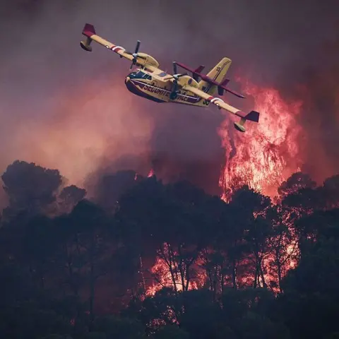 AFP A small yellow airplane flies over red flames rising in smoke above dark trees. 