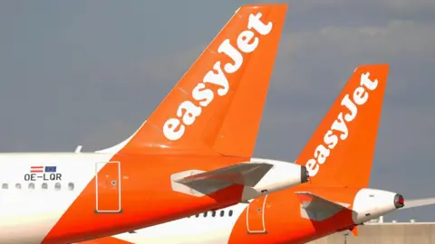 Reuters Two tail fins of EasyJet planes 