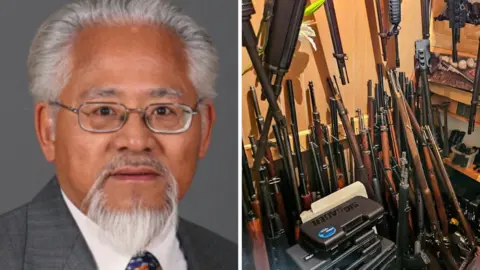 House of Commons/RCMP A composite image showing former Canadian MP Inky Mark next to an image of dozens of firearms found in his Manitoba home.