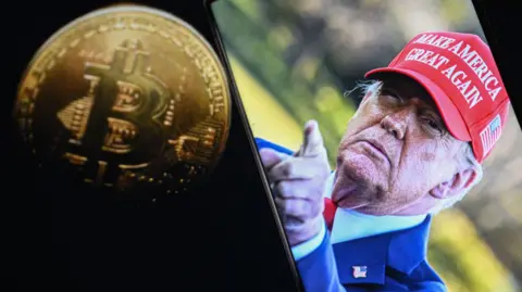 Getty Images Trump is seen wearing a Make America Great Again hat. Another photo shows a picture of cryptocurrency 