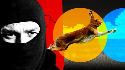 BBC A designed composite image featuring a background of a grassy field with a running hare, which is overlaid with abstract coloured circles as if in a spotlight. In the foreground, a man in a black balaclava stares out.